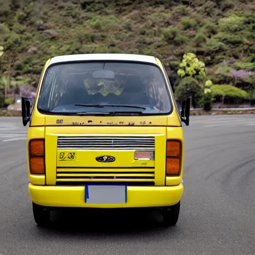 Prompt: yellow japanese kei daihatsu hijet burnout with tire smoke