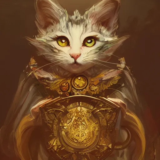 Prompt: A heraldic kitty cat with big cute eyes, D&D, fantasy, intricate, cinematic lighting, highly detailed, digital painting, artstation, concept art, smooth, sharp focus, illustration, art by Akihiko Yoshida, Greg Rutkowski and Alphonse Mucha