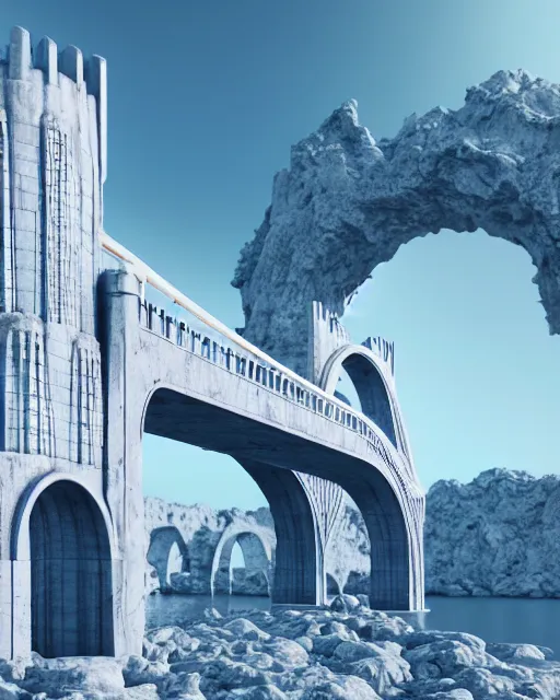 Prompt: scientifically realistic render scifi golden bridge to royal fortress stronghold temple carved out of marble skeleton and blue gems rendered in octane