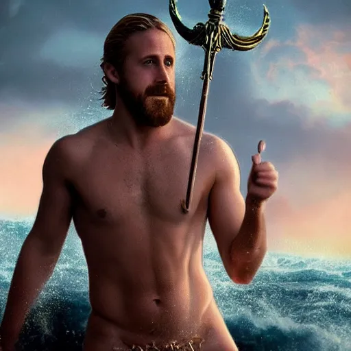 Prompt: screaming Ryan Gosling as Poseidon with trident and crown, the god of the sea, ready to fight, matte painting, dark colors