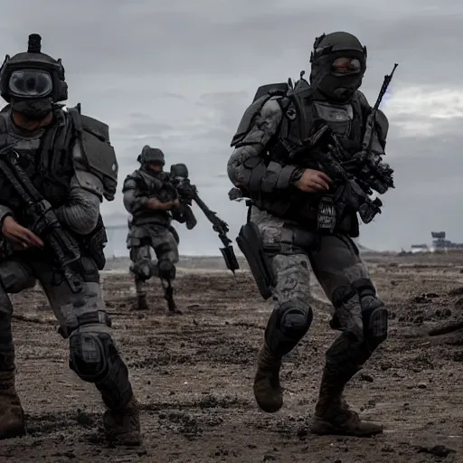 Image similar to Special Forces in grey uniform with black body armor under artillery fire in 2022, photo by Adam Ferguson, Pulitzer Winning, cinematic composition, breathtaking, modern, 2022