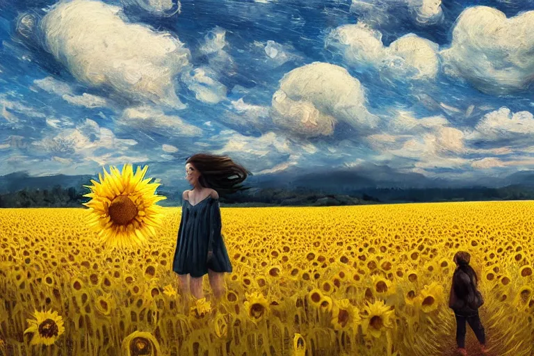 Image similar to giant sunflower as a head, girl walking in wheat field, hills, surreal photography, dark night, star trails, dramatic light, impressionist painting, clouds, digital painting, artstation, simon stalenhag