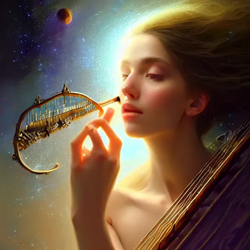 Image similar to a high quality realistic portrait of a very very beautiful! celestial interdimensional goddess playing a mystical harp and springing life into the universe, highly detailed, intricate, sharp focus, fantasy, mystical, dreamlike, cinematic lighting by WLOP and greg rutkowski