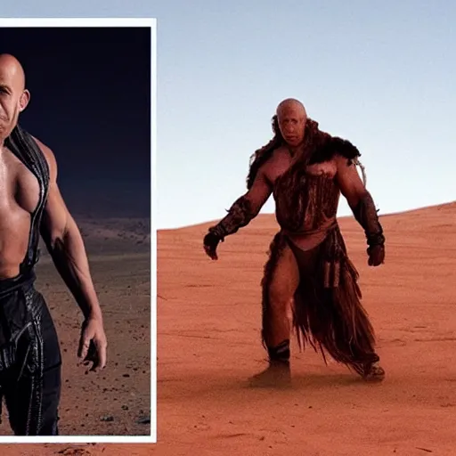 Image similar to candid photo of Vin Diesel as a witchdoctor on Mars fighting valiantly against Elon Musk by Annie Leibowitz, photorealisitc, extremely detailed