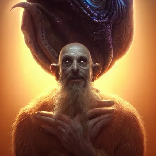 Prompt: by artgerm and agostino arrivabene, visually stunning, cinematic, ultra realistic, hyper realism, epic, octane render, unreal engine, vfx, maya, alien space knight, planet floating above his open hand, fungal enchanter, murloc tinyfin, dread infernal, wee whelp, battle ram