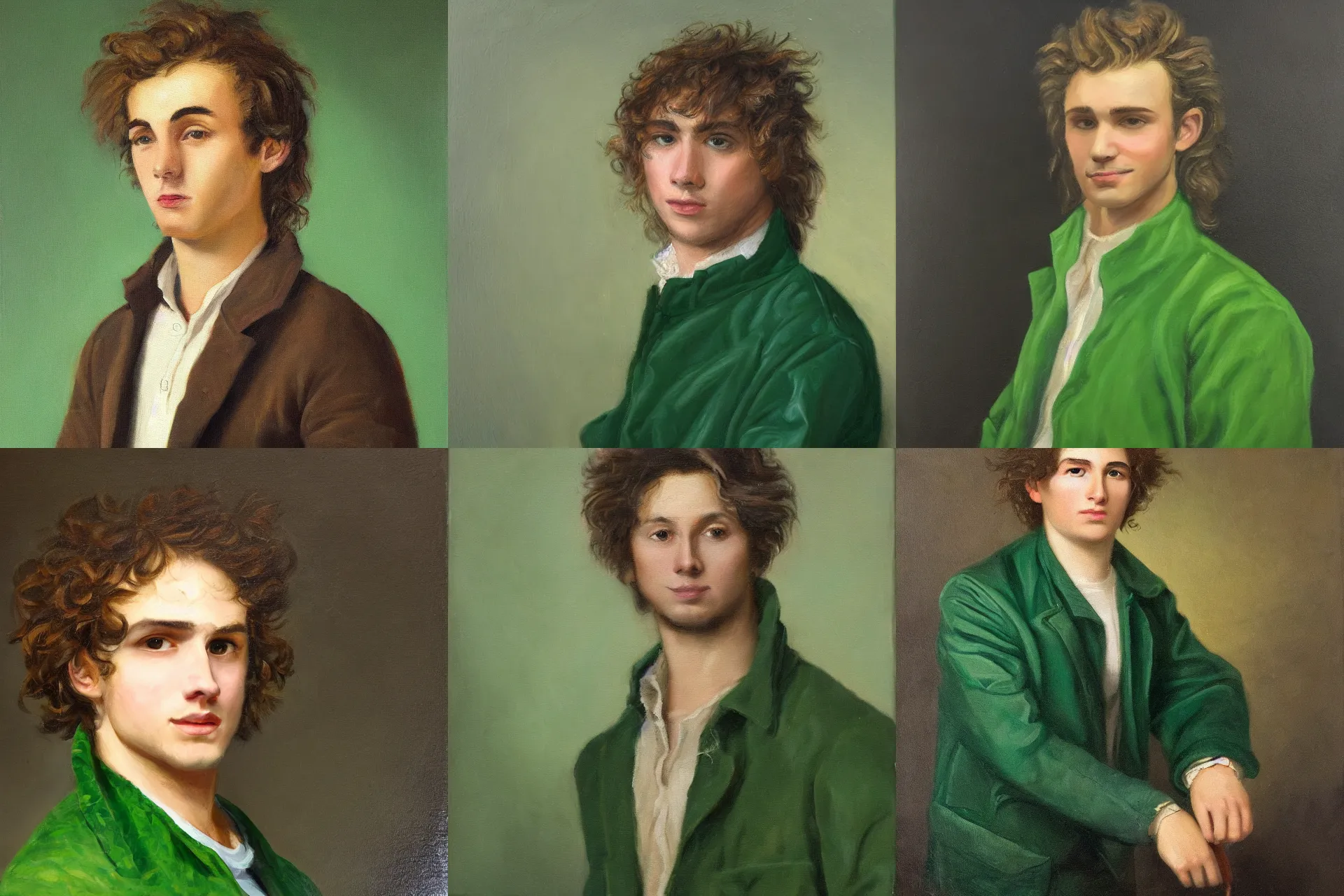 Prompt: Oil painting of a young man with wavy hair wearing a green jacket