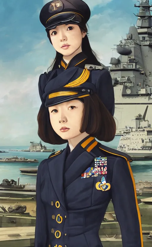 Prompt: portrait of a girl in admiral uniform, highly detailed, high resolution, military naval port in the background, the front of a modern trading card, illustration, character concept art, stunning, ijn style, matte, 100mm, by japanese artist shibafu, realistic human anatomy, world war 2 era, realistic warship design, digitally draw on wacom tablet, low saturation, small eyes, hard surfaces