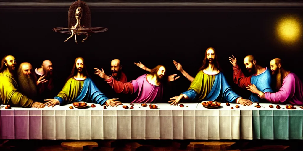 Prompt: aliens in the last supper, beautiful atmosphere, colorful, pastel colors, neoclassic, baroque painting, beautiful detailed intricate insanely detailed octane render trending on artstation, 8 k artistic photography, photorealistic, volumetric cinematic light, chiaroscuro, hieronymus bosch, alex grey, raphael, caravaggio, beksinski, giger, rembrandt