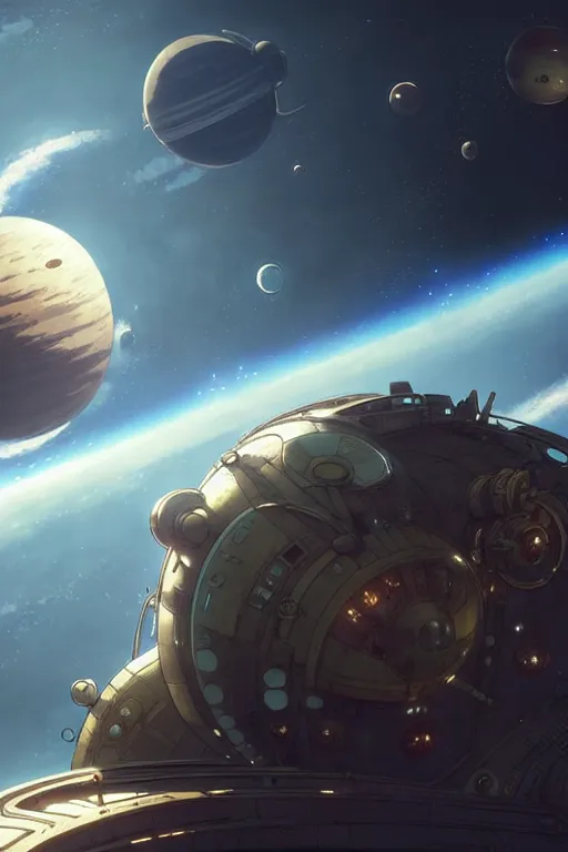 Image similar to steampunk spaceship infront of a planet, exquisite details, denoised, mid view, by karl kopinski, artsation, greg rutkowski, makoto shinkai, takashi takeuchi, studio ghibli