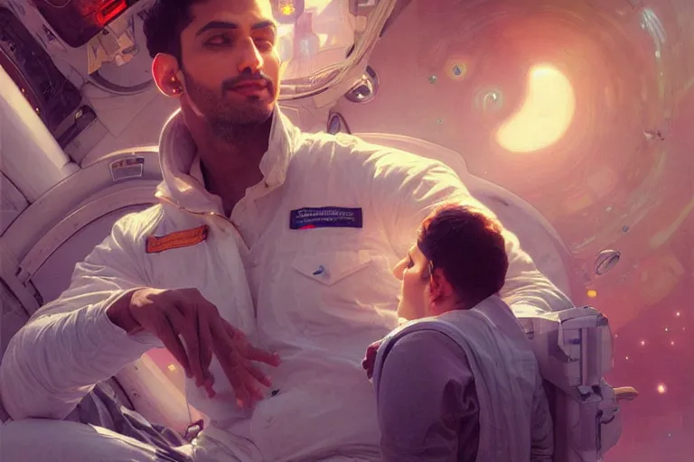 Image similar to Euphoric good looking pale young Indian doctors wearing jeans in a space station above Earth, portrait, elegant, intricate, digital painting, artstation, concept art, smooth, sharp focus, illustration, art by artgerm and greg rutkowski and alphonse mucha