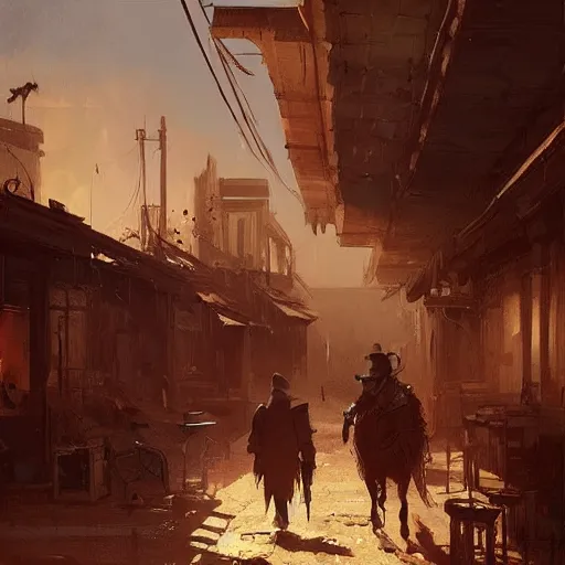 Image similar to old west concept art by greg rutkowski, high noon in a desolate town with broken down shops and a saloon, enigmatic atmosphere, beautiful and cinematic lighting, artstation hq.