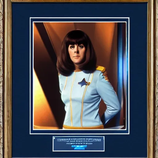 Image similar to a full body photograph of 1 9 7 0 s sarah jane smith from doctor who as a star fleet science officer from star trek next generation, full dress uniform, symmetrical face, extreme realism and detail, 8 k, completely framed, direct lighting, 3 5 mm photo, photorealistic, sharp focus