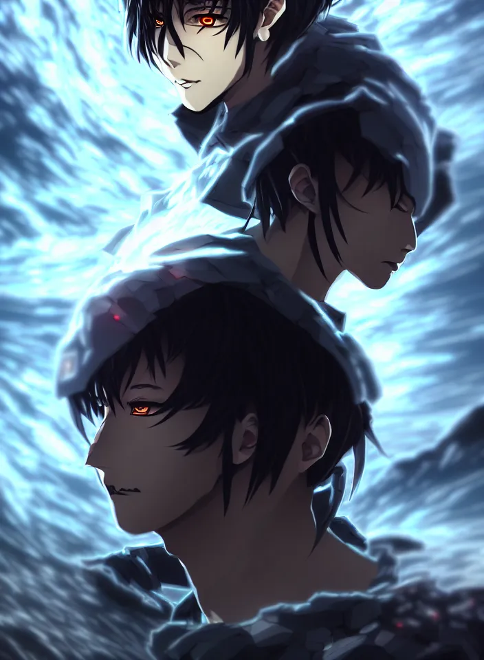 Image similar to a detailed manga illustration character full body portrait of a dark haired cyborg handsome anime man surrounded by clouds of dark smoke and fire, trending on artstation, digital art, 4 k resolution, detailed, high quality, sharp focus, hq artwork, insane detail, concept art, character concept, character illustration, full body illustration, perfect anatomy, cinematic, volumetric lighting