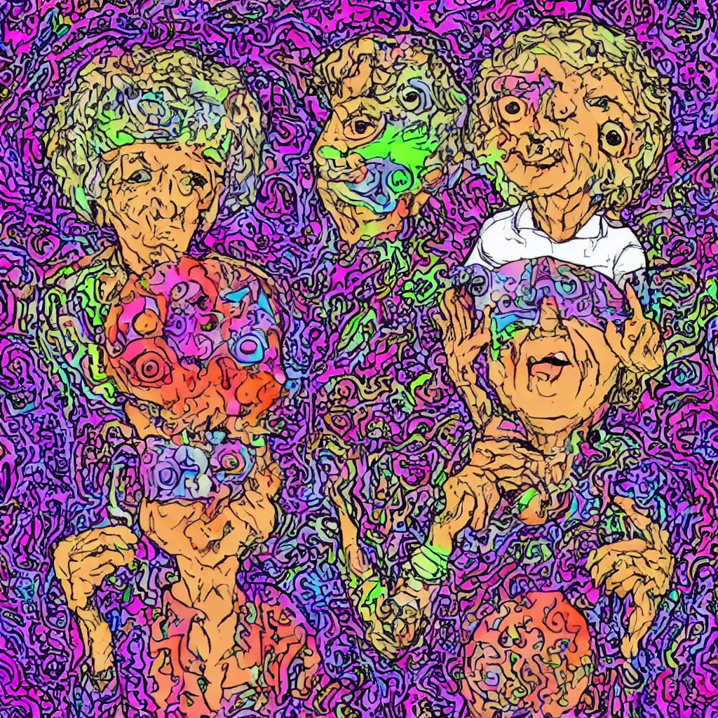 Prompt: psychedelic granny eating a bowl of eyes, salviadroid