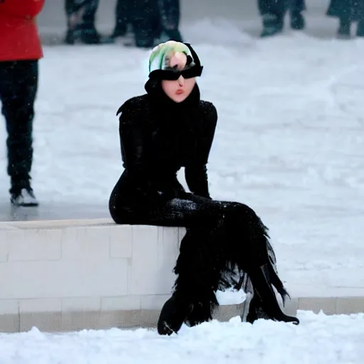 Prompt: lady gaga wearing underwear, sitting whilst caught in a snow blizzard, frozen,