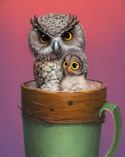 Image similar to long shot of a very cute owl chick nesting in a mug, esao andrews, humorous illustration, hyperrealistic, big depth of field, warm colors, night scenery, low light, 3 d octane render, 4 k, concept art, hyperdetailed, hyperrealistic, trending on artstation