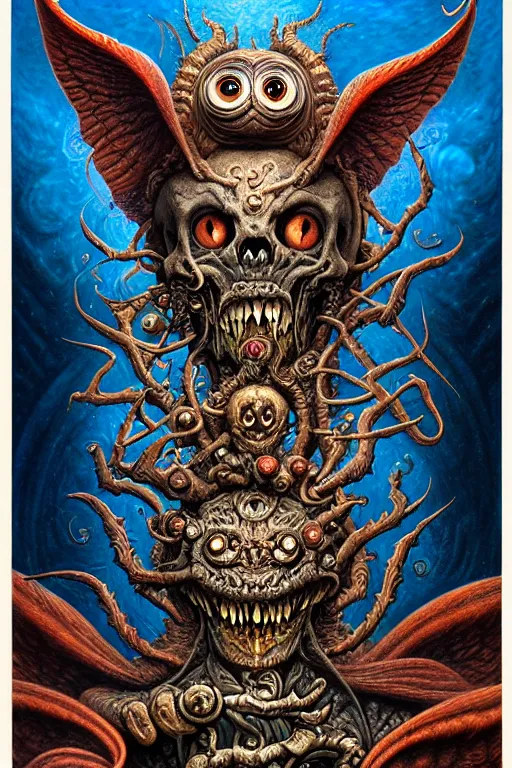 Image similar to A beautiful detailed grotesque monster super cute tarot card, by tomasz alen kopera and Justin Gerard, symmetrical features, ominous, magical realism, texture, intricate, ornate, royally decorated, mechanic, skeleton, whirling smoke, embers, blue red and dark silk fine lines adornements, blue torn fabric, radiant colors, fantasy, trending on artstation, volumetric lighting, micro details, 3d sculpture, ray tracing, 8k, anaglyph effect, digital art