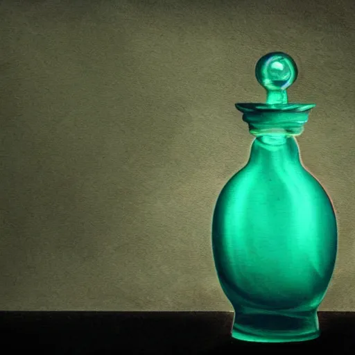 Prompt: a vintage painting of a medieval highly detailed glass stained aqua colored potion bottle, lit by rays of sunlight in a dark dusty vintage science lab, by h. r. giger, hyperrealistic fantasy art, concept matte, ethereal, dreamy, digital art, trending on artstation, volumetric cinematic lighting