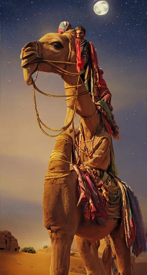 Image similar to an arabian merchant rides her camel in the desert at night, soft glow from a lantern, moon and stars in night sky, stunning, detailed oil paint