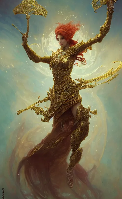 Prompt: playing card of ascending full body redhead goddess , intricate armor, highly detailed, glowing, action pose, cinematic, Art Deco, gold filigree, ethereal, artgerm, alfonso mucha, zdzisław beksiński, Andrei ryabovichev, Shaun tan, Chriss foss, Peter mohrbacher, 8k