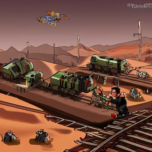 Prompt: a triumphant fight! a video game fight in the desert on top of train cars. trending on art station, 8 k resolution.