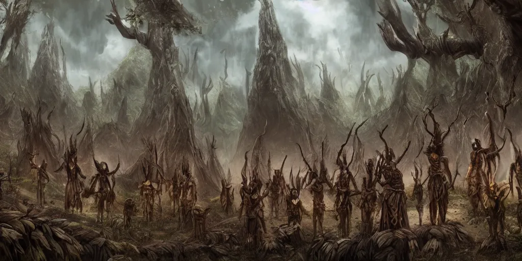 Prompt: a highly detailed matte painting of a tribe of forest elves with dark curly hair and pointy ears, south american tribes, mud huts, ominous, foreboding, dark, trending on artstation,