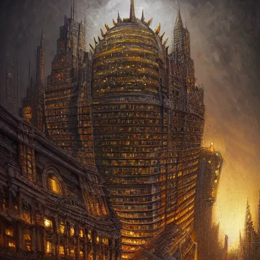 Image similar to low angle shot of a city by clive barker, intricate, elegant, highly detailed, centered, digital painting, artstation, concept art, smooth, sharp focus, illustration, artgerm, Tomasz Alen Kopera, Peter Mohrbacher donato giancola, Joseph Christian Leyendecker, WLOP, Boris Vallejo.