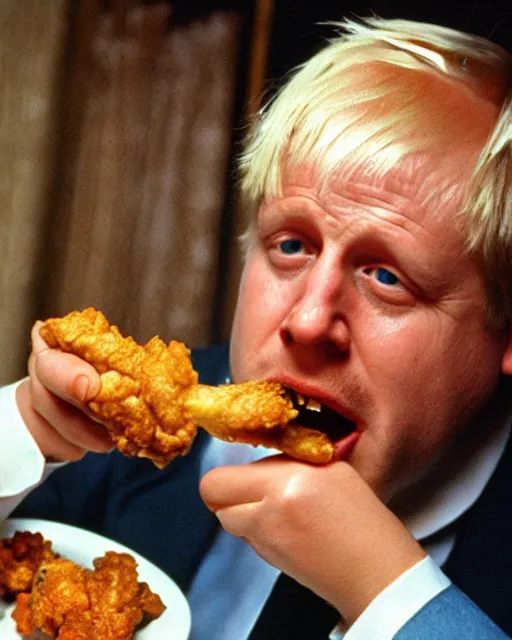 Image similar to film still close - up shot of boris johnson eating fried chicken from the movie monty python's the meaning of life. photographic, photography