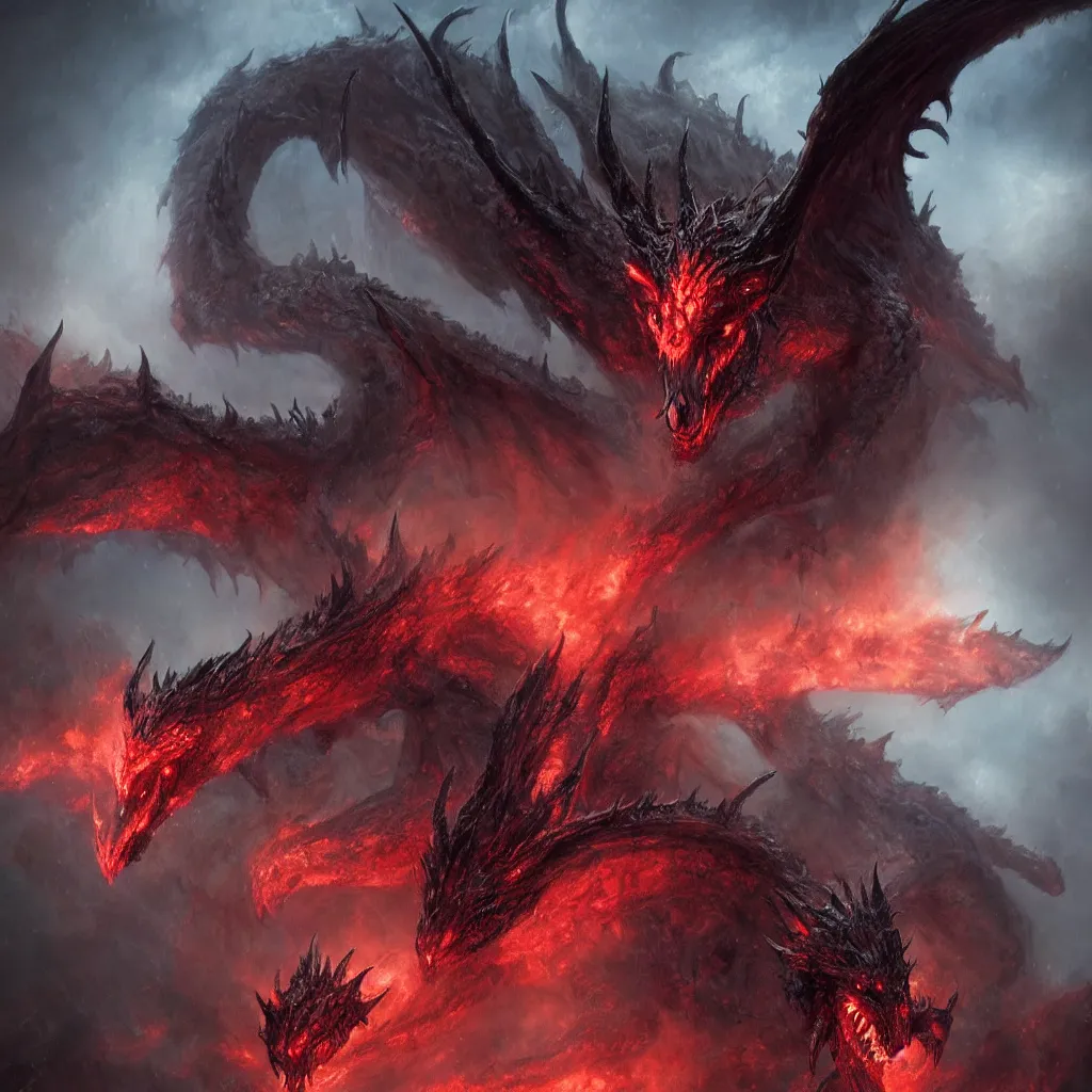 Prompt: from the depths of hell was he summoned, the great dragon beast rose from the fires with gleaming red eyes, in the style of raymond swanland