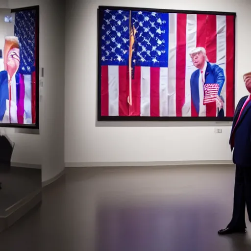 Image similar to trump watching a cyborg trump exhibition in a museum, studio lighting, photography, highly detailed, 4 k,