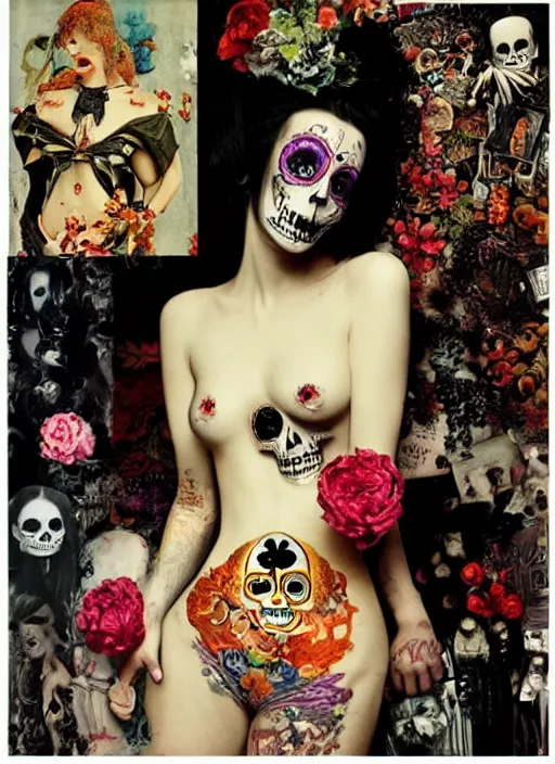 Image similar to cute punk goth fashion fractal Día de los Muertos tattoed girl posing by Zhang Jingna, surreal Dada collage by Man Ray Kurt Schwitters Hannah Höch Alphonse Mucha