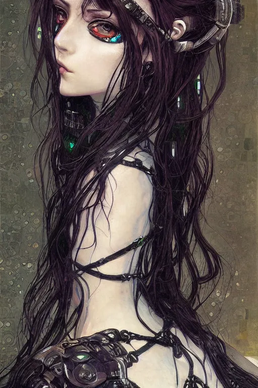 Image similar to portrait of beautiful young gothic maiden, cute anime face, cyberpunk, Warhammer, highly detailed, artstation, illustration, art by Gustav Klimt