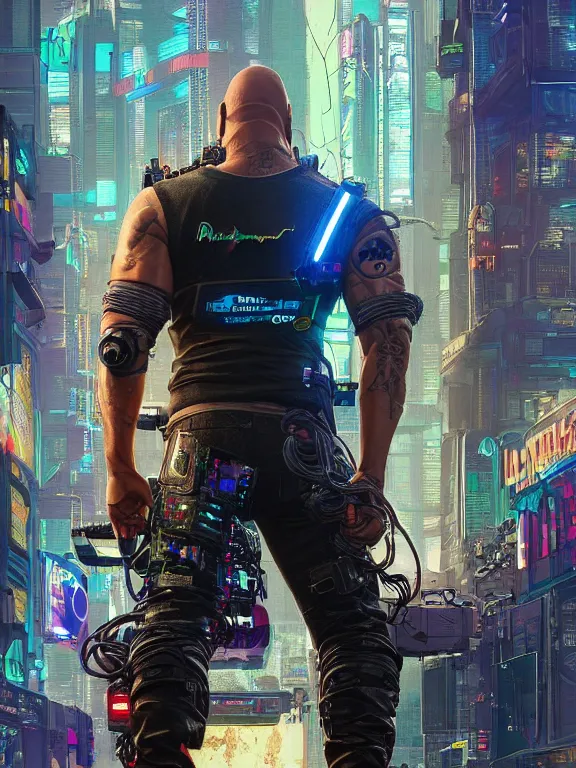 Prompt: a cyberpunk 2077 portrait of Dwayne Johnson carrying a female android complex mess of cables and wires behind them connected to giant computer, love,film lighting, by laurie greasley,Lawrence Alma-Tadema,William Morris,Dan Mumford, trending on atrstation, full of color, highly detailed,8K, octane, Digital painting,golden ratio,cinematic lighting