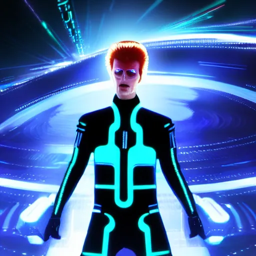 Prompt: david bowie in the world of tron ( 1 9 8 3 ), cyberpunk, high octane, hyperrealistic, synthwave, 8 k, trending on artstation