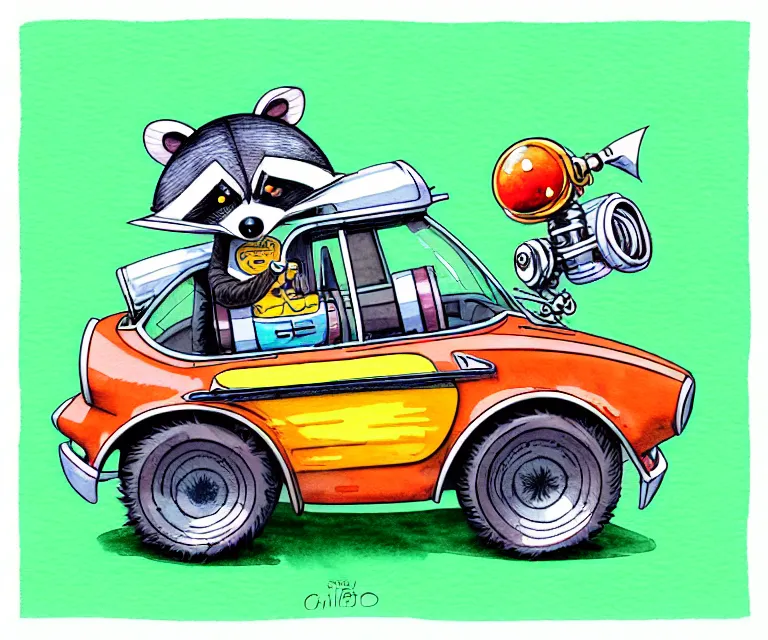 Prompt: cute and funny, racoon wearing a helmet driving a tiny hot rod with an oversized engine, ratfink style by ed roth, centered award winning watercolor pen illustration, isometric illustration by chihiro iwasaki, edited by craola, tiny details by artgerm and watercolor girl, symmetrically isometrically centered