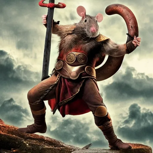 Image similar to the rat thor ~ holding his hammer ~ dramatic thunder background ~ fighting scene ~