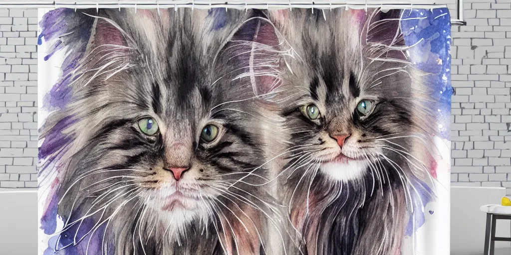 Prompt: shower curtain product catalog. on the curtain is a a watercolor with ink under drawing of a maine coon kitten. product photography, product lighting. 4 k, highly detailed. saturated.