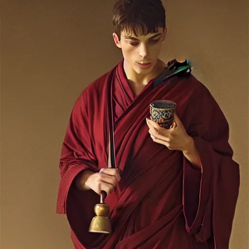 Prompt: attractive kai havertz wearing monk robes holding incense burner. natural lighting by ruan jia, portrait
