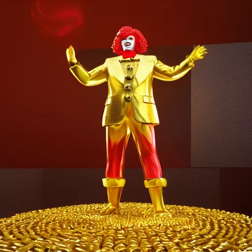 Image similar to a still of ronald mcdonald surrounded by gold and diamonds, award - winning, photograph, 3 d render, unreal engine, 4 k detailed