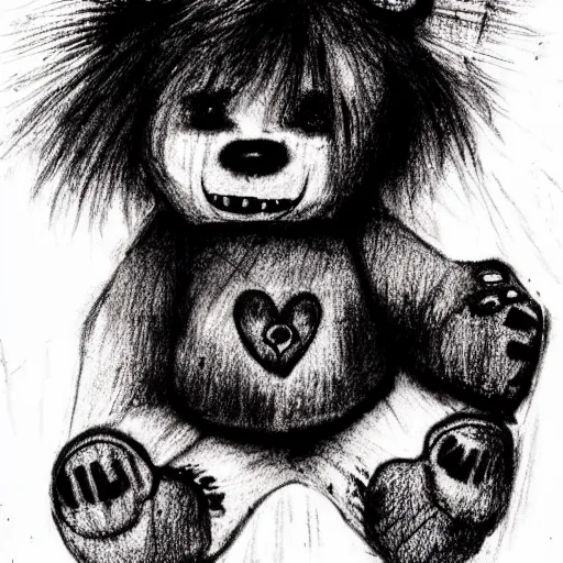 Image similar to grunge drawing of a teddy bear in the style of the grudge | horror themed