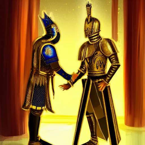 Prompt: a tall royal knight in golden armor bowing to his king in a throne room, painting, digital art, harsh lighting