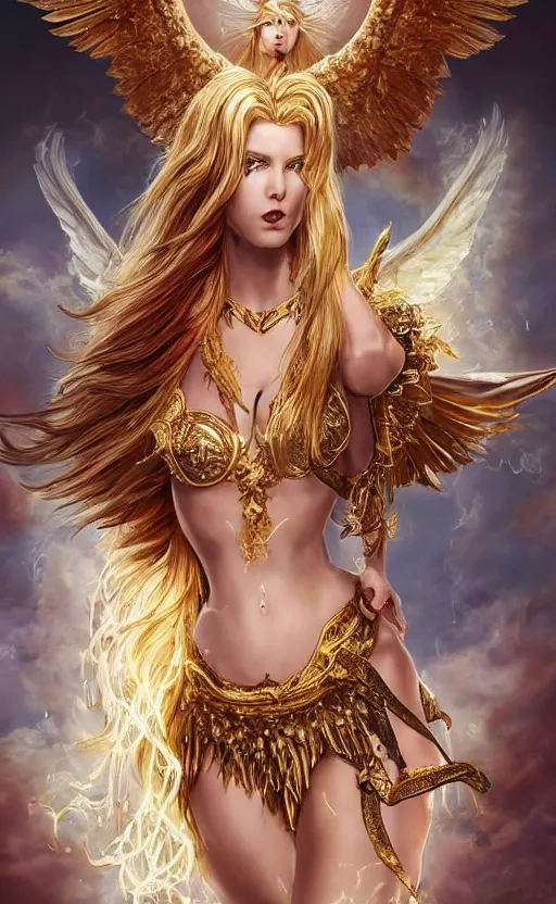 Prompt: hyper-realistic portrait of a beautiful! magical! woman with angel wings wearing a (((toga))) & gilded! ornate armor!!! female warrior | long blonde hair, sun-kissed skin, glowing red eyes | dynamic fighting pose, flying in the sky, wielding a fire lance | divine, heavenly, powerful, full body aura | intricate detail, highly detailed, symmetrical, digital painting, concept art, smooth, sharp focus, illustration, medieval fantasy, cinematic, dungeons and dragons | art by artgerm & mark brooks & Ed binkley