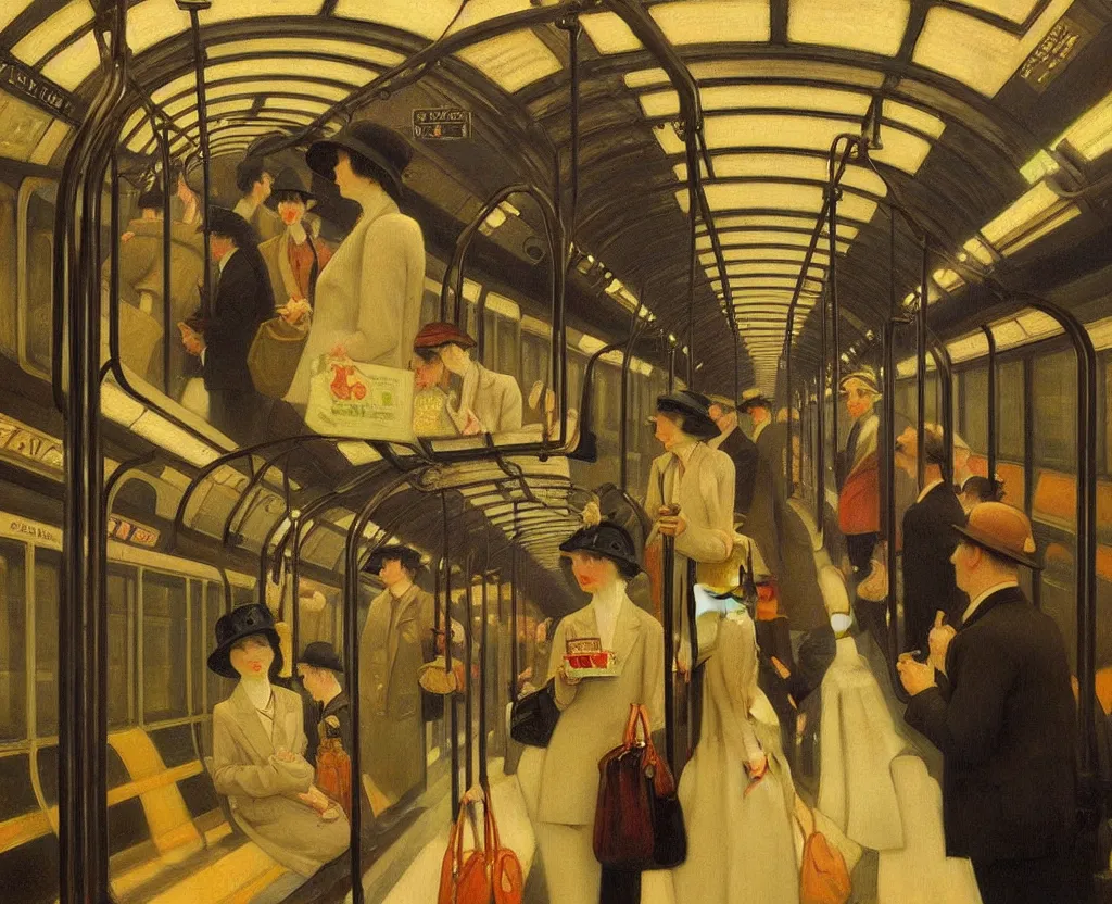 Prompt: achingly beautiful oil painting of 1 9 2 0 s london underground by kawase, hopper, and dali. detailed, intricate.