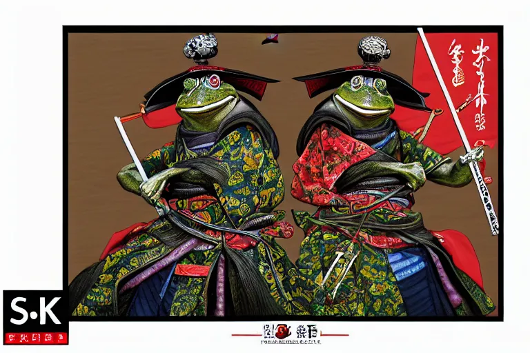 Prompt: a frog samurai on samurai council meeting official portrait highly detailed, 4 k, hdr, smooth, sharp focus, high resolution, award - winning, poster art illustrated by anne stokes, from sengoku period