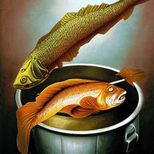 Image similar to a fish on the top of a pile of fish, inside a cooking pot, side view, by vladimir kush, dystopian aer, rococo