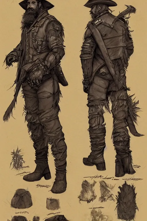Prompt: character design, reference sheet, 40's adventurer, black beard, stained dirty clothing, straw hat, heavy boots, leather bomber jacket, detailed, concept art, , art by Frank Frazetta