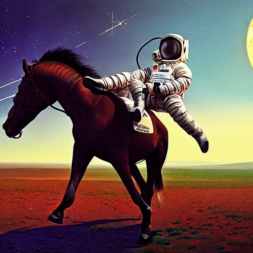 Image similar to a horse on top of a man, the astronaut is carried by the horse, hyperrealism, no blur, 4 k resolution, ultra detailed, style of ron cobb, adolf hiremy - hirschl, syd mead, ismail inceoglu, rene margitte