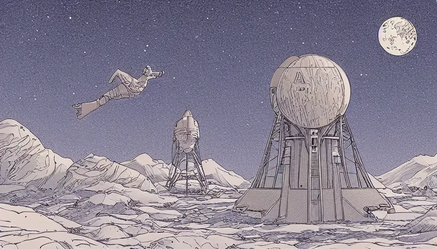 Image similar to travel to the moon in the style of Moebius