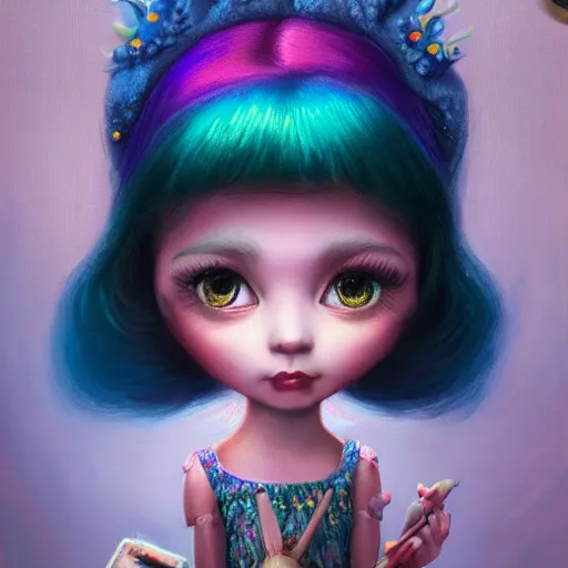 Prompt: an intelligent young girl with rainbow hair looking at the camera, she has a cute face, intricate, elegant, highly detailed, digital painting, artstation, concept art, smooth, sharp focus, illustration, art by mark ryden and gaston bussiere 3 d 8 k ultra detailed