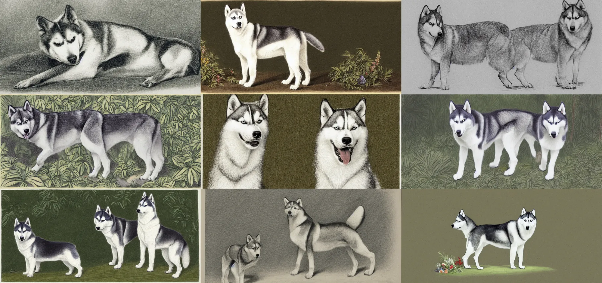 Prompt: a drawing of a husky in redoute style botanical image